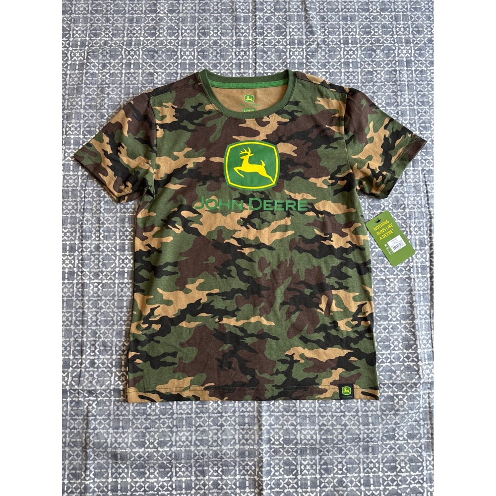 John Deere Camo T-Shirt Boys Size L 10/12 Green Camouflage NWT Graphic Logo Tee
